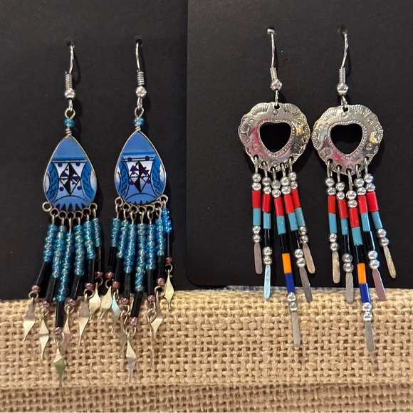 Set of 2 pairs Boho / Southwestern Earrings - silver beaded dangles blues, red - Picture 2 of 11